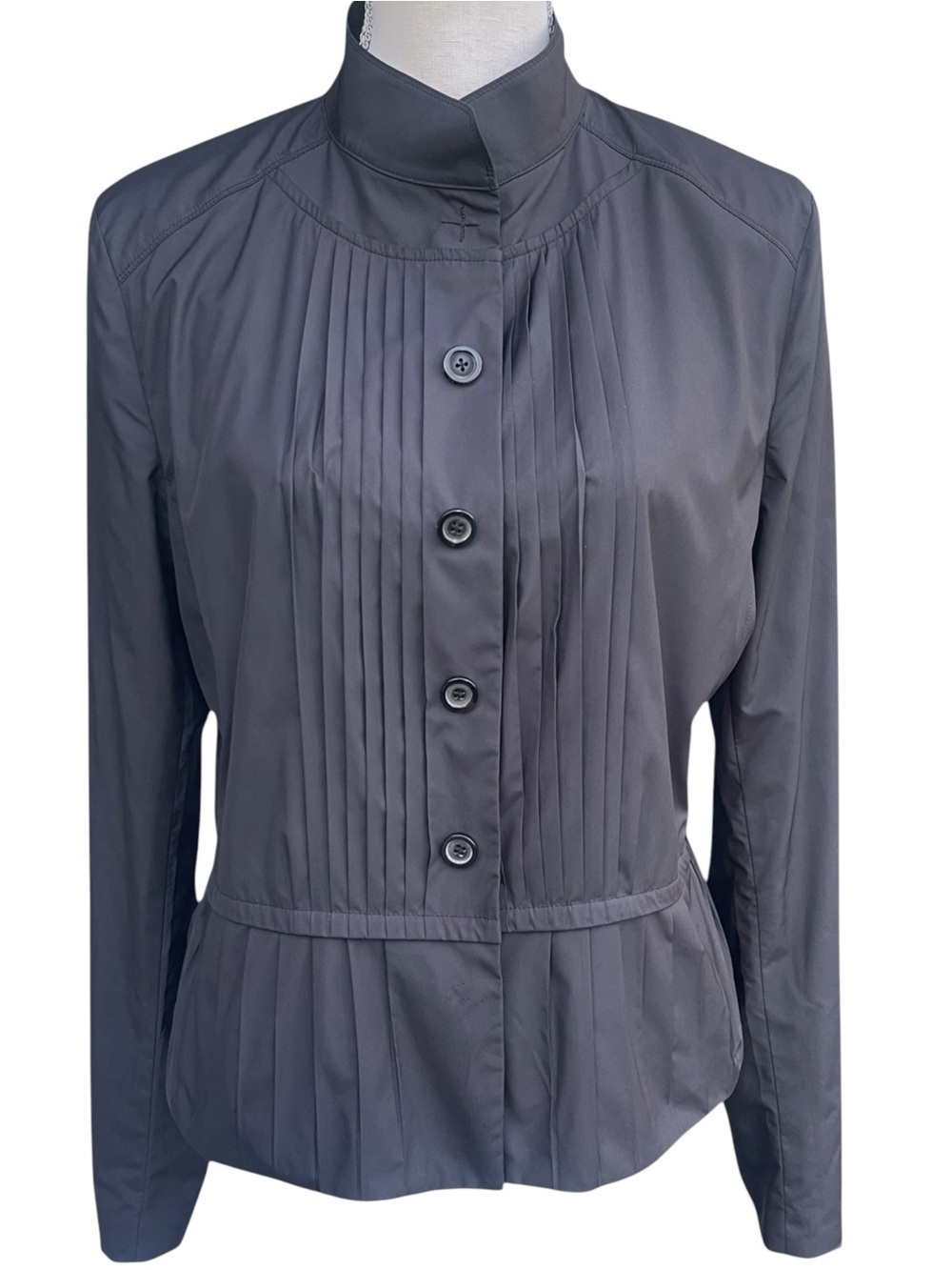 Elie Tahari Black Pleated High Collar Snap Closure Peplum Top Jacket (L)